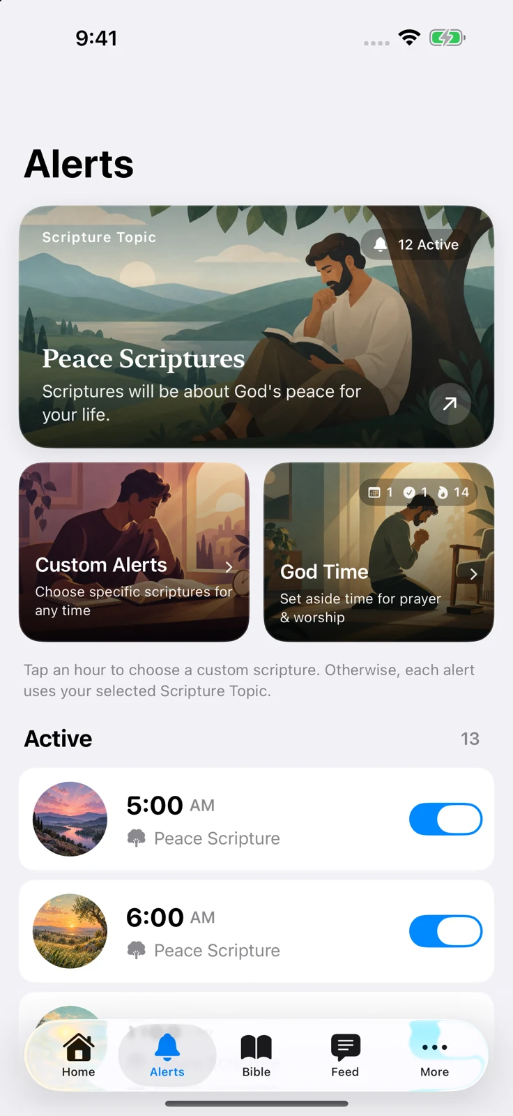 Bible Hour iOS app showing illustrated Scripture topics, custom alerts, God Time, and hourly reminders